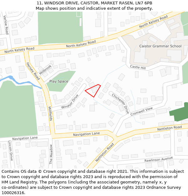 11, WINDSOR DRIVE, CAISTOR, MARKET RASEN, LN7 6PB: Location map and indicative extent of plot