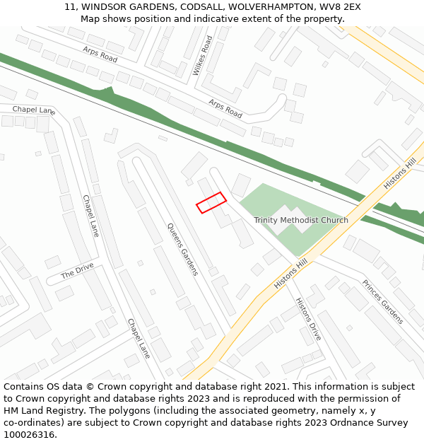 11, WINDSOR GARDENS, CODSALL, WOLVERHAMPTON, WV8 2EX: Location map and indicative extent of plot