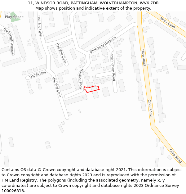 11, WINDSOR ROAD, PATTINGHAM, WOLVERHAMPTON, WV6 7DR: Location map and indicative extent of plot
