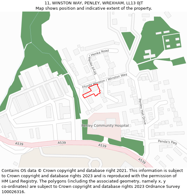 11, WINSTON WAY, PENLEY, WREXHAM, LL13 0JT: Location map and indicative extent of plot