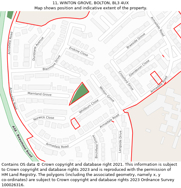 11, WINTON GROVE, BOLTON, BL3 4UX: Location map and indicative extent of plot