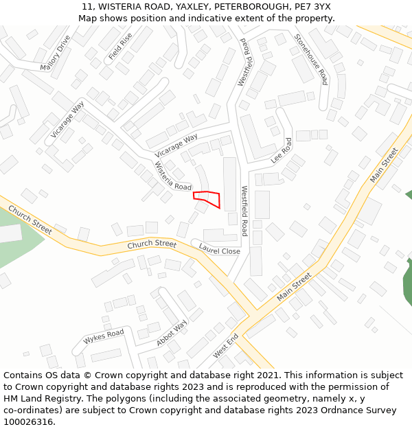 11, WISTERIA ROAD, YAXLEY, PETERBOROUGH, PE7 3YX: Location map and indicative extent of plot