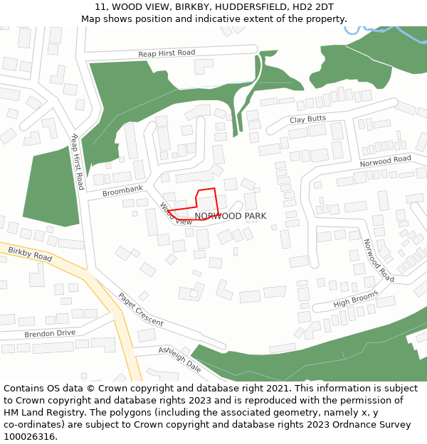 11, WOOD VIEW, BIRKBY, HUDDERSFIELD, HD2 2DT: Location map and indicative extent of plot