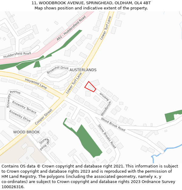 11, WOODBROOK AVENUE, SPRINGHEAD, OLDHAM, OL4 4BT: Location map and indicative extent of plot