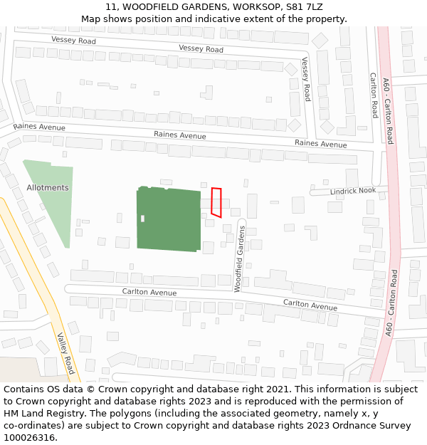 11, WOODFIELD GARDENS, WORKSOP, S81 7LZ: Location map and indicative extent of plot