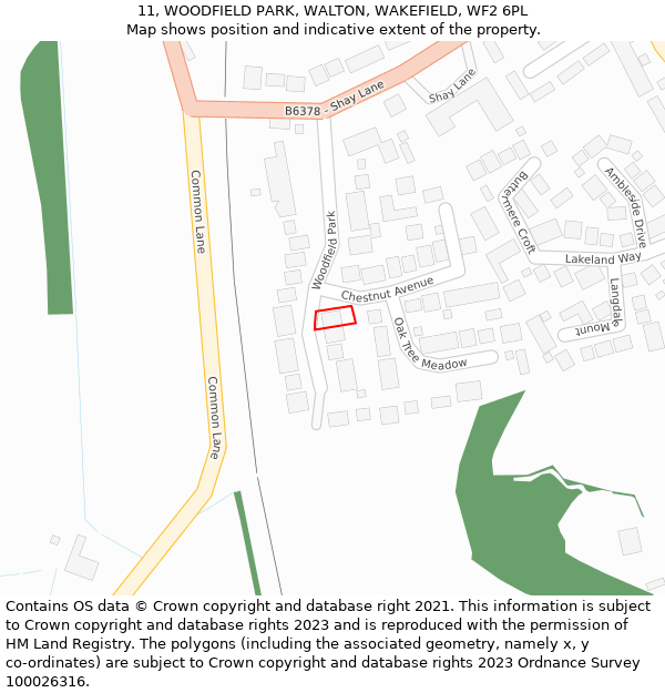 11, WOODFIELD PARK, WALTON, WAKEFIELD, WF2 6PL: Location map and indicative extent of plot