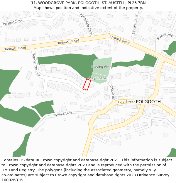 11, WOODGROVE PARK, POLGOOTH, ST. AUSTELL, PL26 7BN: Location map and indicative extent of plot