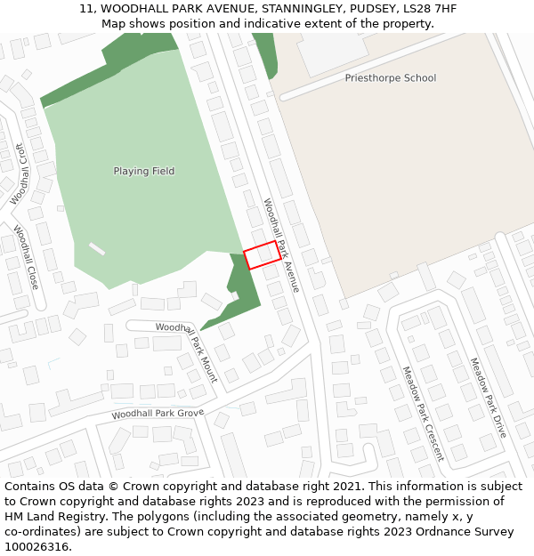 11, WOODHALL PARK AVENUE, STANNINGLEY, PUDSEY, LS28 7HF: Location map and indicative extent of plot