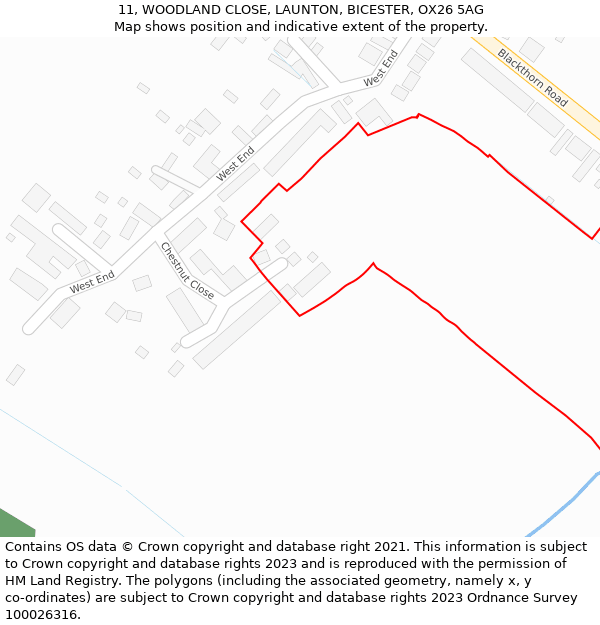 11, WOODLAND CLOSE, LAUNTON, BICESTER, OX26 5AG: Location map and indicative extent of plot