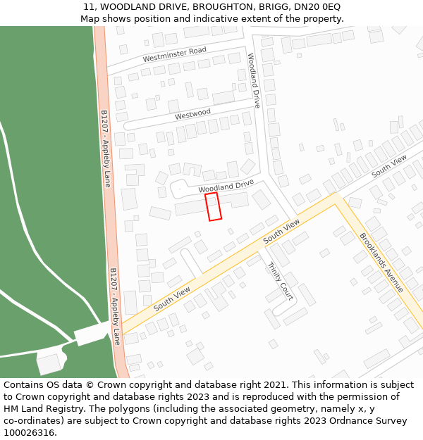 11, WOODLAND DRIVE, BROUGHTON, BRIGG, DN20 0EQ: Location map and indicative extent of plot