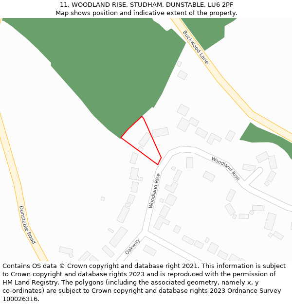 11, WOODLAND RISE, STUDHAM, DUNSTABLE, LU6 2PF: Location map and indicative extent of plot