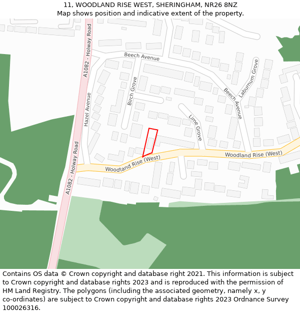 11, WOODLAND RISE WEST, SHERINGHAM, NR26 8NZ: Location map and indicative extent of plot