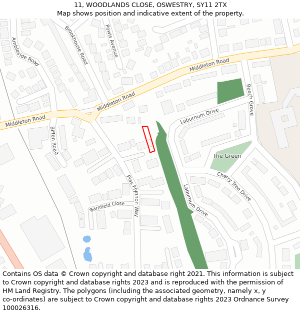 11, WOODLANDS CLOSE, OSWESTRY, SY11 2TX: Location map and indicative extent of plot