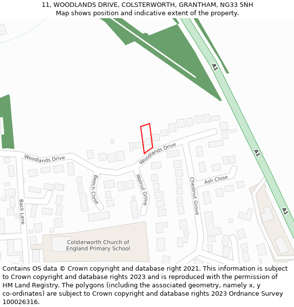 11, WOODLANDS DRIVE, COLSTERWORTH, GRANTHAM, NG33 5NH: Location map and indicative extent of plot