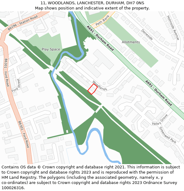 11, WOODLANDS, LANCHESTER, DURHAM, DH7 0NS: Location map and indicative extent of plot