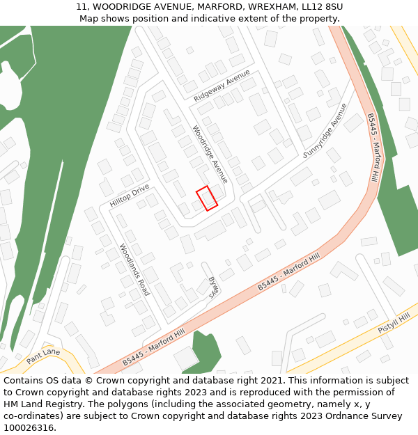 11, WOODRIDGE AVENUE, MARFORD, WREXHAM, LL12 8SU: Location map and indicative extent of plot