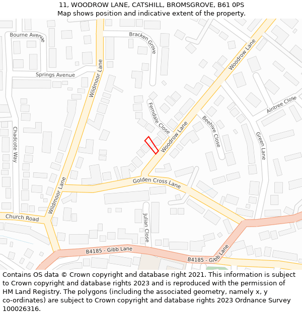 11, WOODROW LANE, CATSHILL, BROMSGROVE, B61 0PS: Location map and indicative extent of plot