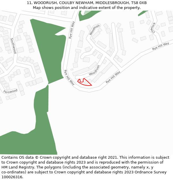 11, WOODRUSH, COULBY NEWHAM, MIDDLESBROUGH, TS8 0XB: Location map and indicative extent of plot