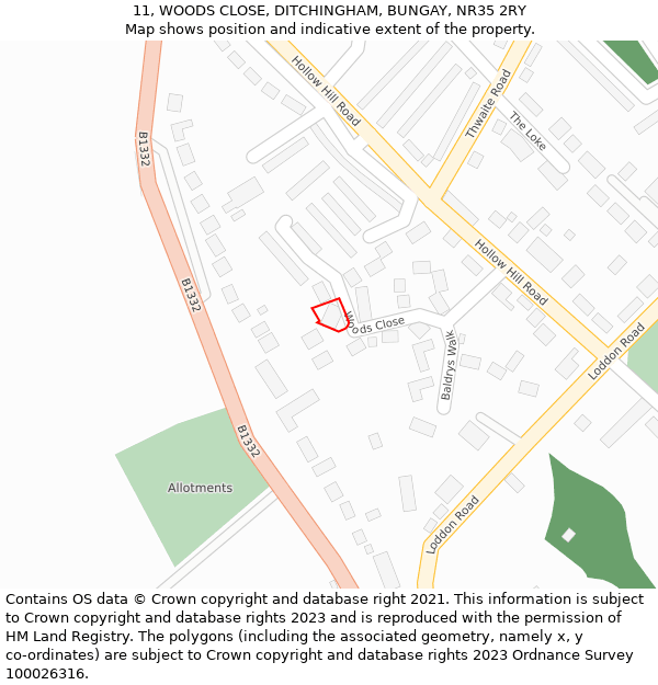 11, WOODS CLOSE, DITCHINGHAM, BUNGAY, NR35 2RY: Location map and indicative extent of plot