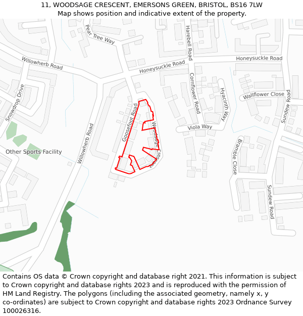 11, WOODSAGE CRESCENT, EMERSONS GREEN, BRISTOL, BS16 7LW: Location map and indicative extent of plot
