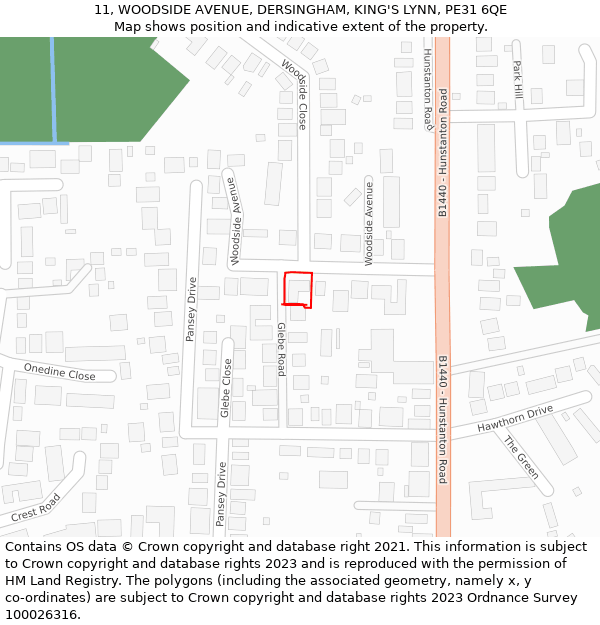 11, WOODSIDE AVENUE, DERSINGHAM, KING'S LYNN, PE31 6QE: Location map and indicative extent of plot