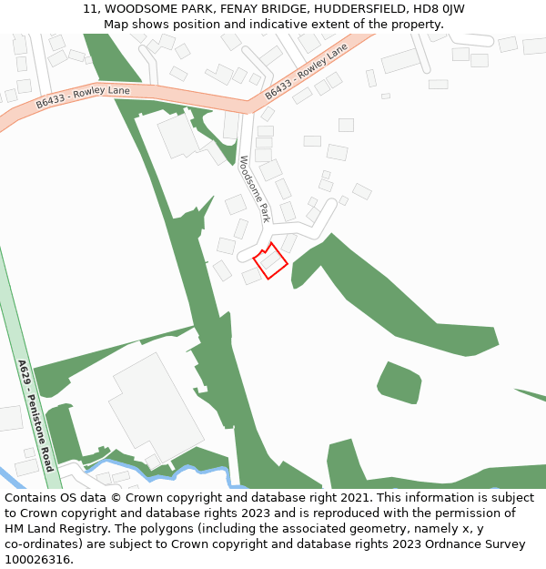 11, WOODSOME PARK, FENAY BRIDGE, HUDDERSFIELD, HD8 0JW: Location map and indicative extent of plot