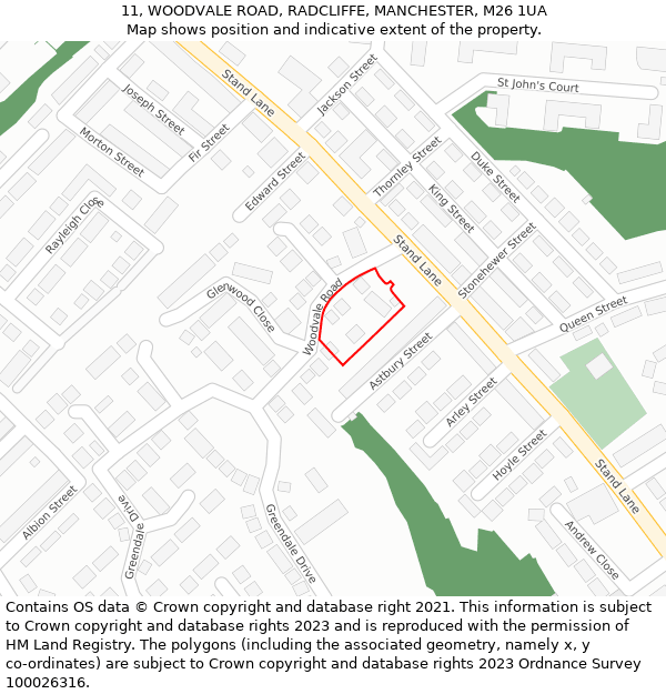 11, WOODVALE ROAD, RADCLIFFE, MANCHESTER, M26 1UA: Location map and indicative extent of plot