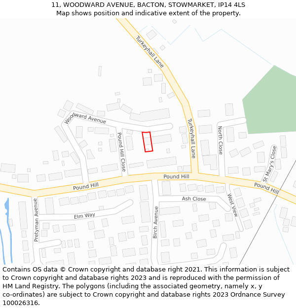 11, WOODWARD AVENUE, BACTON, STOWMARKET, IP14 4LS: Location map and indicative extent of plot