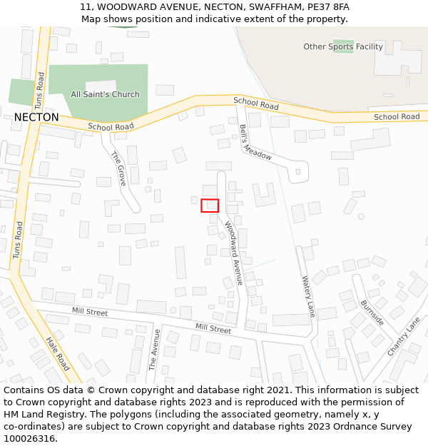 11, WOODWARD AVENUE, NECTON, SWAFFHAM, PE37 8FA: Location map and indicative extent of plot