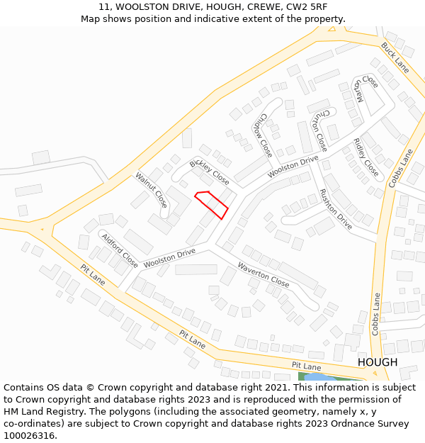 11, WOOLSTON DRIVE, HOUGH, CREWE, CW2 5RF: Location map and indicative extent of plot