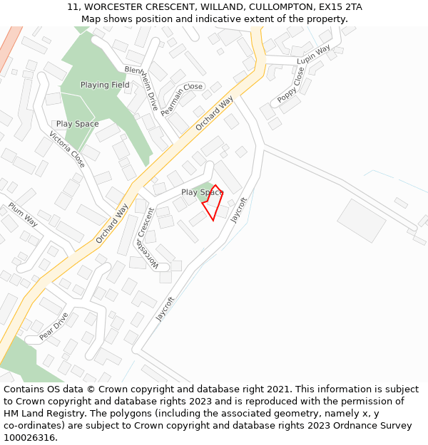 11, WORCESTER CRESCENT, WILLAND, CULLOMPTON, EX15 2TA: Location map and indicative extent of plot