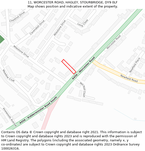 11, WORCESTER ROAD, HAGLEY, STOURBRIDGE, DY9 0LF: Location map and indicative extent of plot