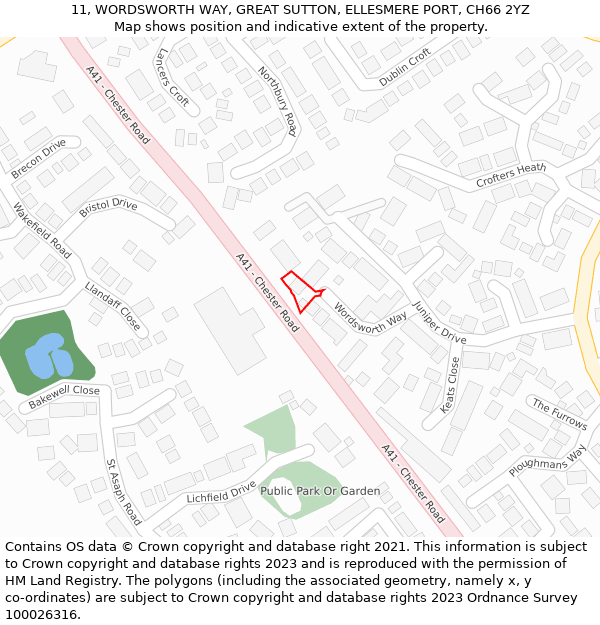 11, WORDSWORTH WAY, GREAT SUTTON, ELLESMERE PORT, CH66 2YZ: Location map and indicative extent of plot