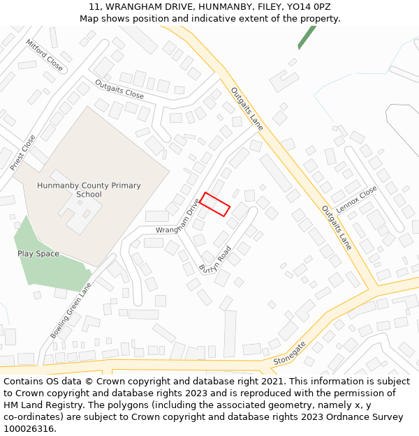 11, WRANGHAM DRIVE, HUNMANBY, FILEY, YO14 0PZ: Location map and indicative extent of plot