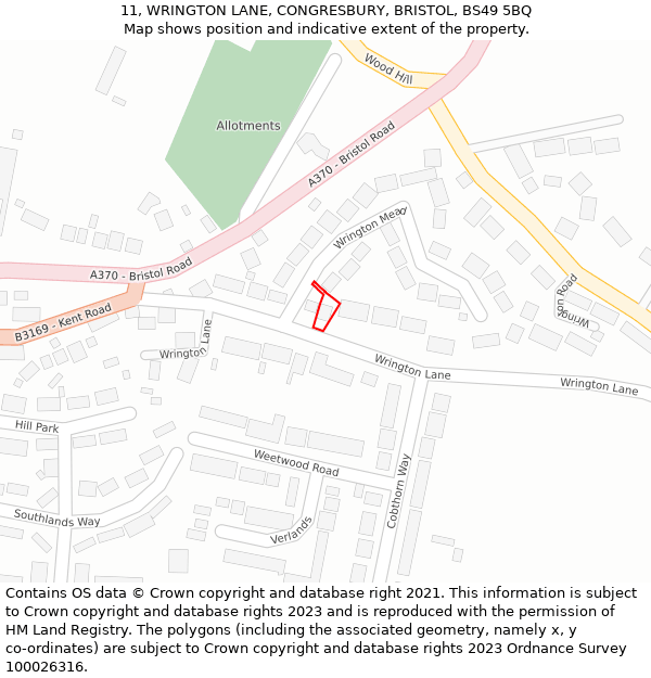 11, WRINGTON LANE, CONGRESBURY, BRISTOL, BS49 5BQ: Location map and indicative extent of plot