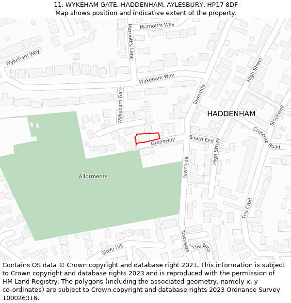 11, WYKEHAM GATE, HADDENHAM, AYLESBURY, HP17 8DF: Location map and indicative extent of plot