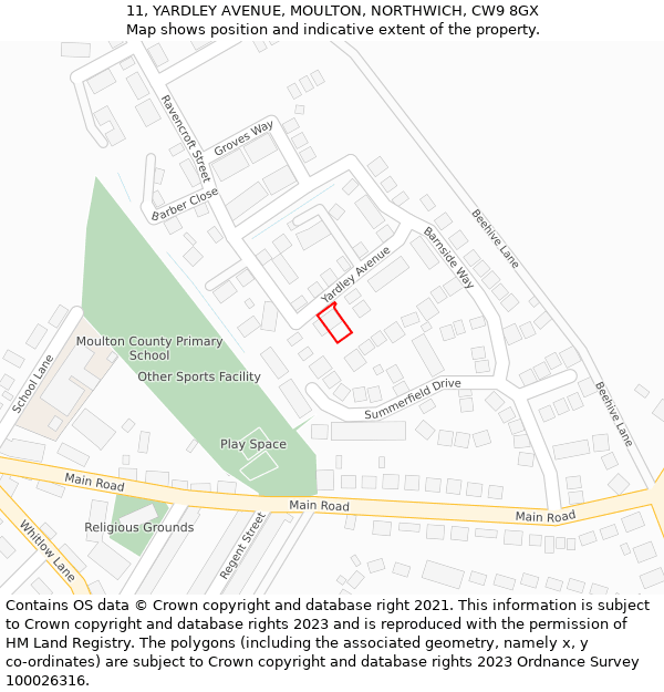 11, YARDLEY AVENUE, MOULTON, NORTHWICH, CW9 8GX: Location map and indicative extent of plot