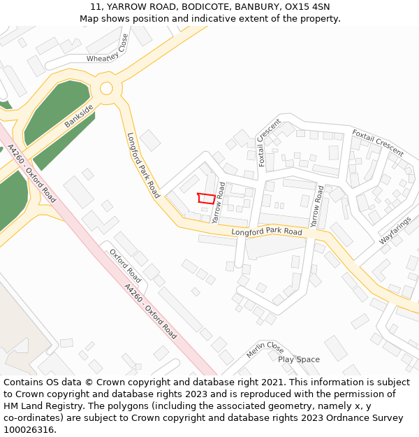 11, YARROW ROAD, BODICOTE, BANBURY, OX15 4SN: Location map and indicative extent of plot