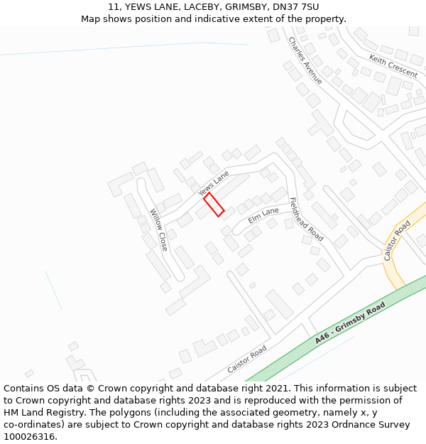 11, YEWS LANE, LACEBY, GRIMSBY, DN37 7SU: Location map and indicative extent of plot