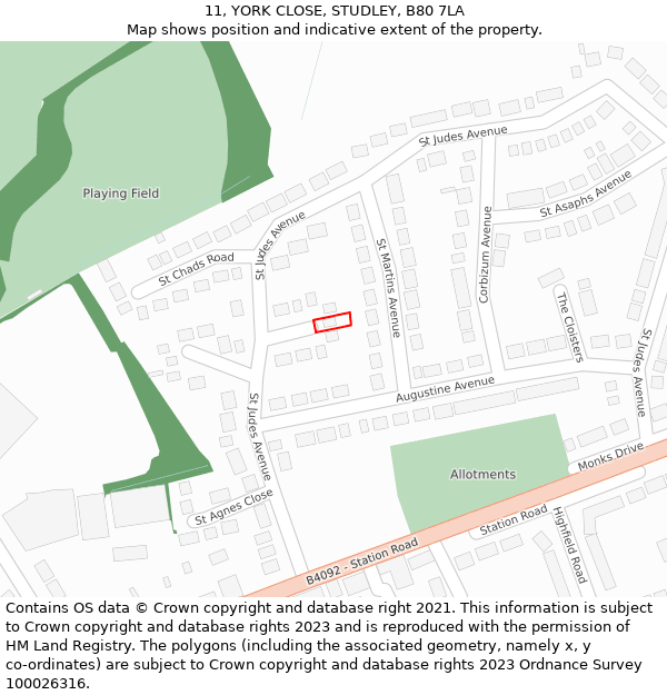 11, YORK CLOSE, STUDLEY, B80 7LA: Location map and indicative extent of plot