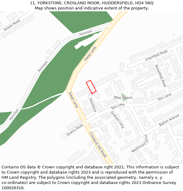 11, YORKSTONE, CROSLAND MOOR, HUDDERSFIELD, HD4 5NQ: Location map and indicative extent of plot