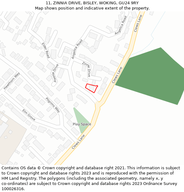 11, ZINNIA DRIVE, BISLEY, WOKING, GU24 9RY: Location map and indicative extent of plot