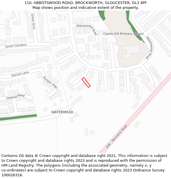 110, ABBOTSWOOD ROAD, BROCKWORTH, GLOUCESTER, GL3 4PF: Location map and indicative extent of plot