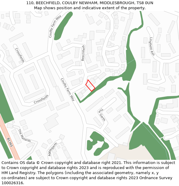 110, BEECHFIELD, COULBY NEWHAM, MIDDLESBROUGH, TS8 0UN: Location map and indicative extent of plot