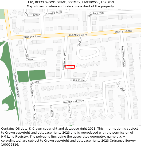 110, BEECHWOOD DRIVE, FORMBY, LIVERPOOL, L37 2DN: Location map and indicative extent of plot