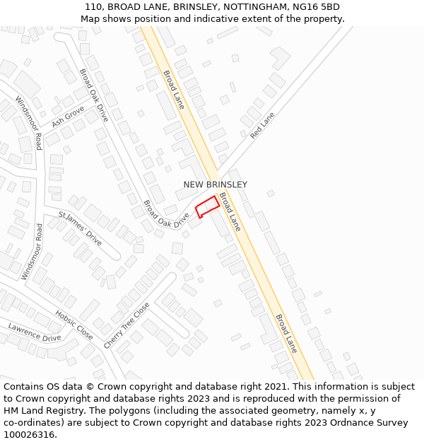 110, BROAD LANE, BRINSLEY, NOTTINGHAM, NG16 5BD: Location map and indicative extent of plot