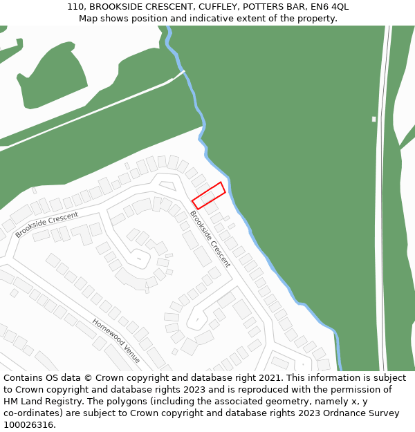 110, BROOKSIDE CRESCENT, CUFFLEY, POTTERS BAR, EN6 4QL: Location map and indicative extent of plot