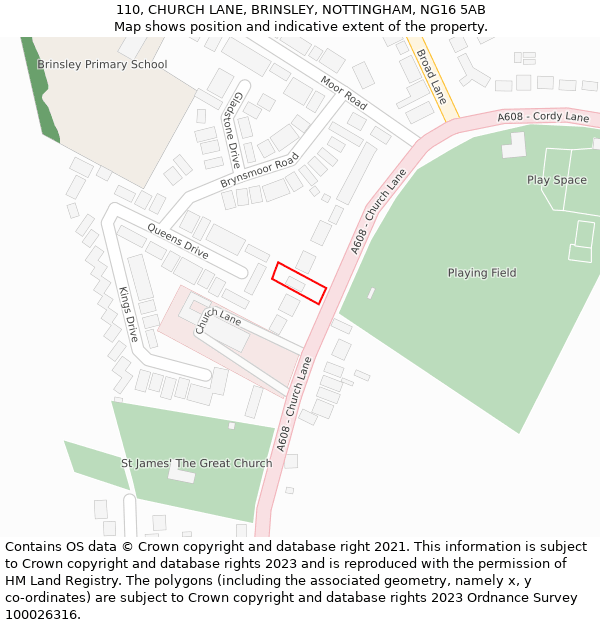 110, CHURCH LANE, BRINSLEY, NOTTINGHAM, NG16 5AB: Location map and indicative extent of plot