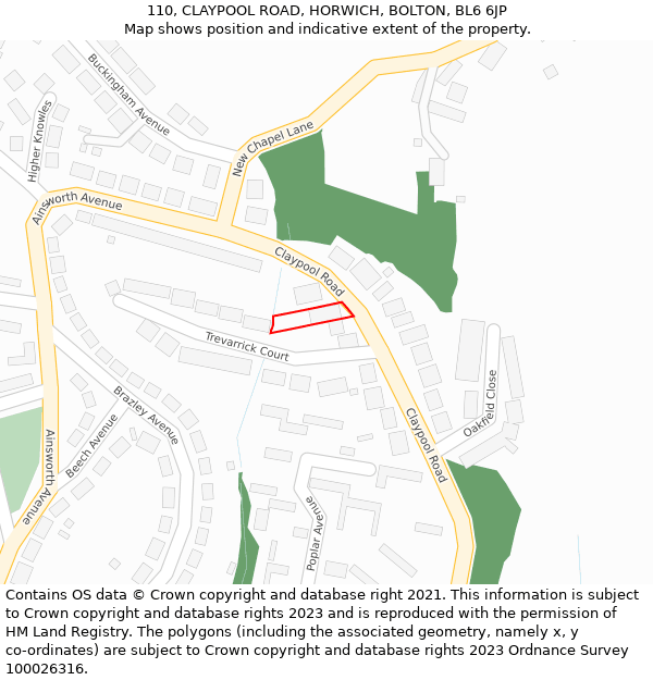 110, CLAYPOOL ROAD, HORWICH, BOLTON, BL6 6JP: Location map and indicative extent of plot