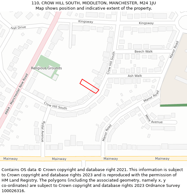 110, CROW HILL SOUTH, MIDDLETON, MANCHESTER, M24 1JU: Location map and indicative extent of plot